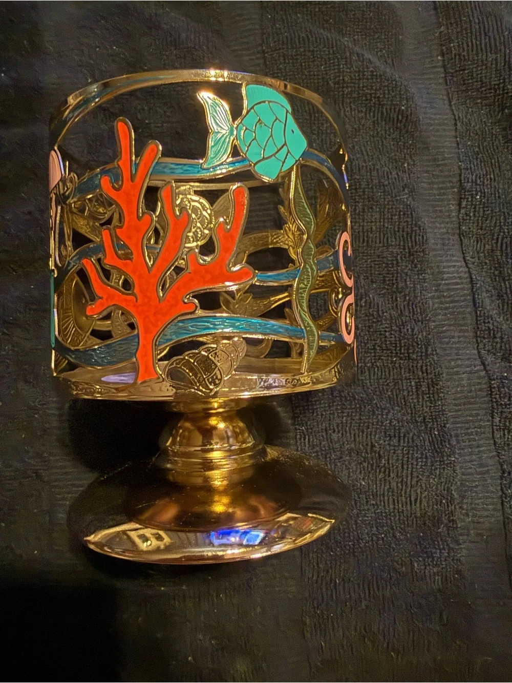 Gold Metal Ocean-Themed Decorative Candle Holder with Turquoise Fish